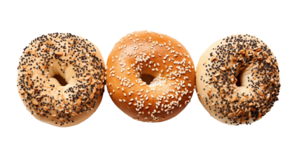 A close up of three bagels with different toppings arranged side by side on a transparent background png