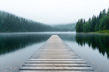 Naklejka premium Wooden dock extending over misty lake in tranquil forest setting
