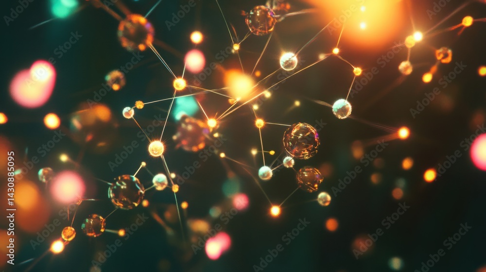 Poster abstract visualization of colorful particles and light connections