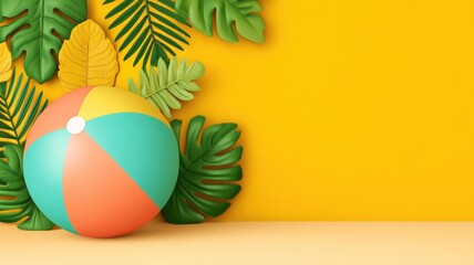 Hello summer promotion colorful background. A vibrant beach ball nestled among lush green leaves against a bright yellow background, evoking a playful, summery vibe.