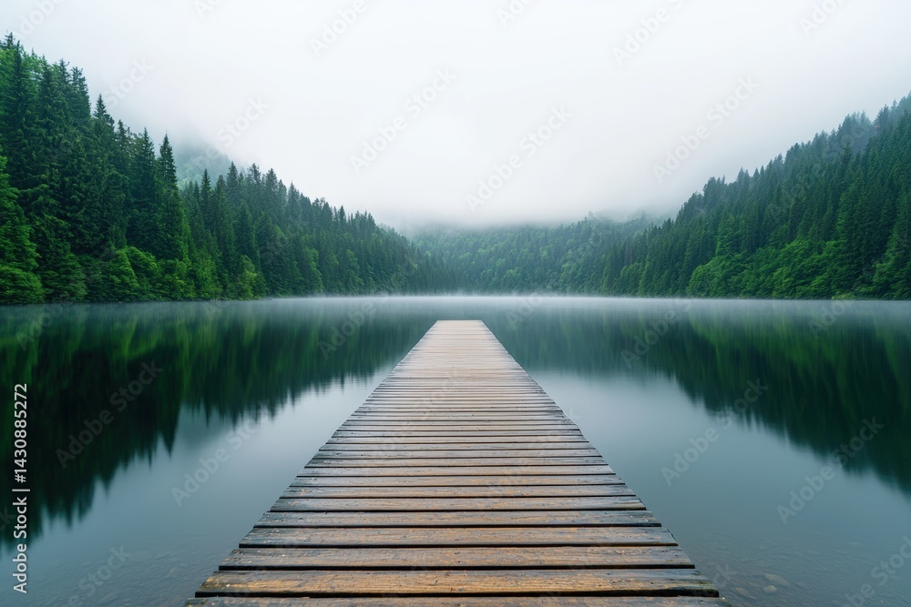 Aufkleber wooden dock extending over misty lake in tranquil forest setting