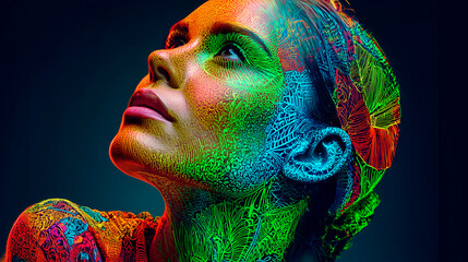  Neon-Glowing Portrait of Attractive Woman with Intricate Patterns and Vibrant Colors