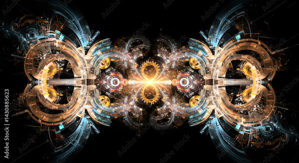 Poster symmetrical mechanical illusion with gears and luminous center for digital graphics
