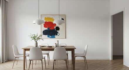Modern Minimalist Dining Room Design  White Chairs, Wooden Table, Abstract Art