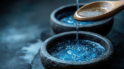 Blue Water Pouring from Wooden Spoon into Stone Bowls.