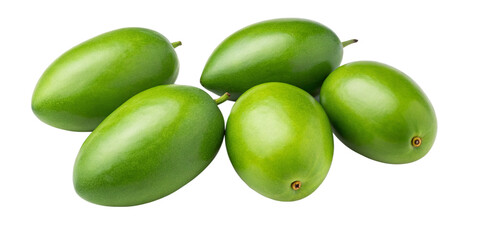Obraz premium Green mangoes cluster of unripe fruit isolated on transparent background