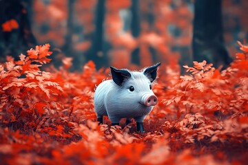 A Serene Gray Pig Wandering Autumn Forest of excellence in splendor beyond compare with grace