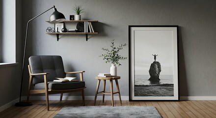 Serene Minimalist Living Room Design Dark Grey Walls, Wooden Chair, and Black and White Art Print