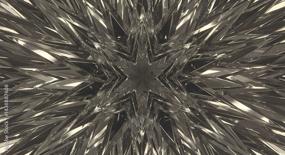 Poster kaleidoscopic monochromatic composition featuring abstract geometric shapes and patterns