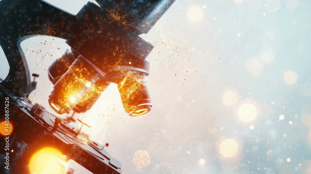 Poster futuristic microscope with sparkles and bokeh effect background