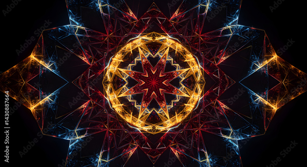 Poster intricate starburst design with geometric lines and vibrant color transitions