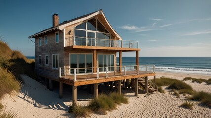 Obraz premium Beachfront house, ocean view, sandy dunes, sunny day, real estate