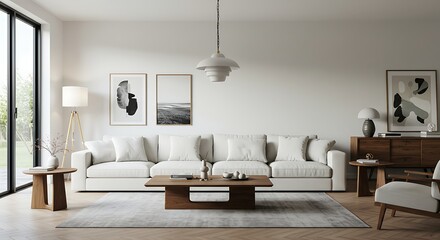 Fototapeta premium Serene Minimalist Living Room Design White Sofa, Wooden Accents, and Natural Light