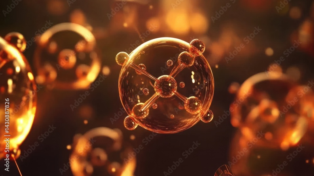 Poster golden molecular structures on abstract background of light particles