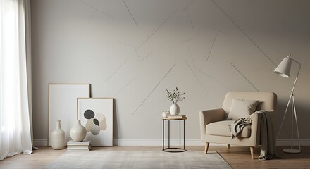 Serene Minimalist Living Room Interior Design with Neutral Tones and Geometric Wallpaper