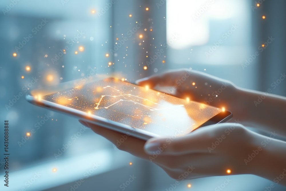 Poster glowing network visualized on a tablet, representing digital connectivity and modern technology.