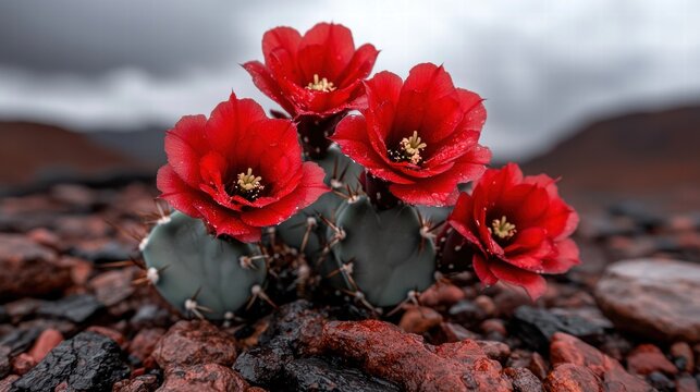 flowering cactus in a desert landscape with red blooms - Powered by Adobe