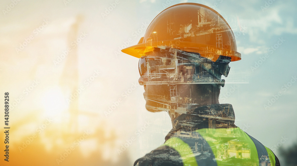 Poster double exposure of a construction worker at sunset generative ai