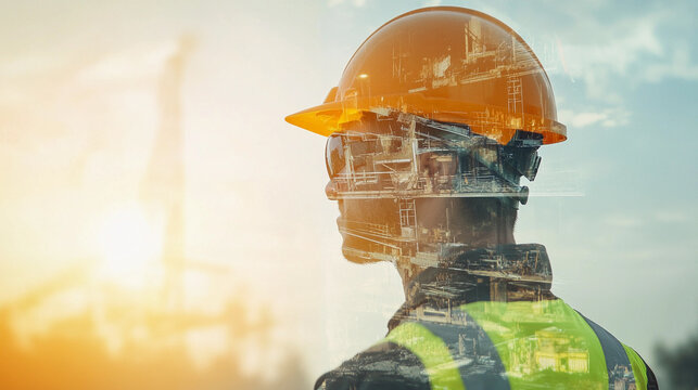 Double exposure of a construction worker at sunset Generative AI