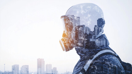 Protective engineer observes urban landscape through double exposure Generative AI