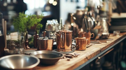 Fototapeta premium Copper utensils on wooden bar counter