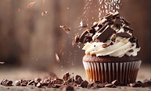 choco chips falling on tasty cupcake animation