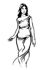 A sketch or drawing of a female model striding confidently down the catwalk, her poised steps and confident gaze drawing attention as she shows off her style and elegance.