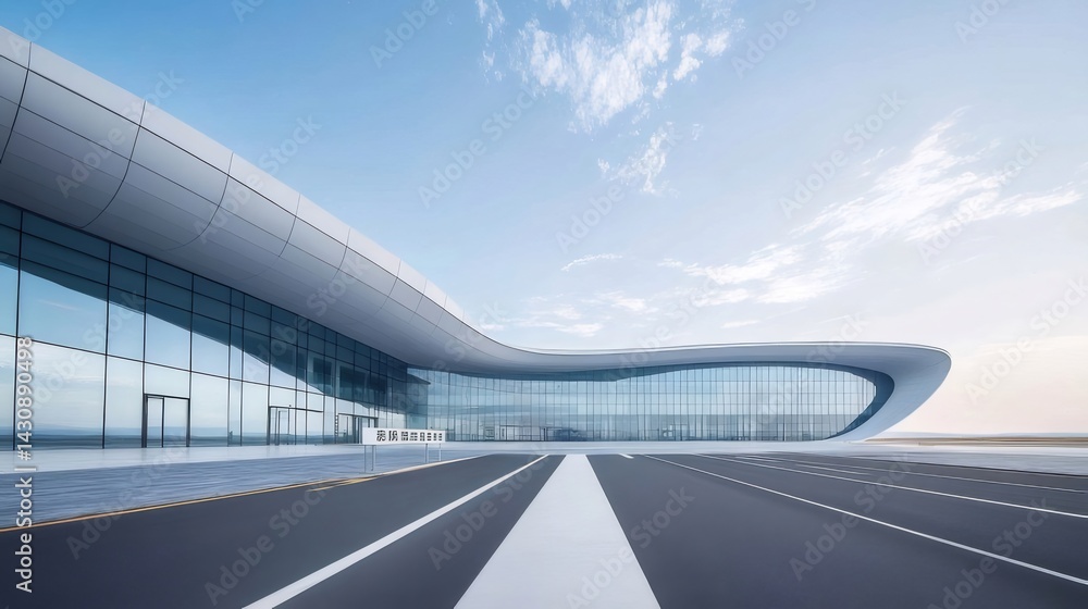 Poster 近代的な空港の建物 青い空と白い雲の下 広い滑走路とガラス張りの窓を持つ建築デザイン