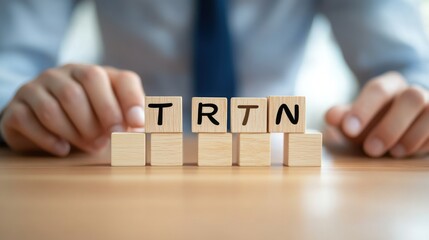 Businessman presenting wooden blocks with the word trend on a table.