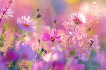 Vibrant floral field in spring sunlight with various colorful blossoms