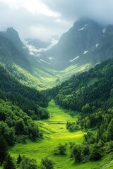 Green valley with trees and mountains under cloudy sky.