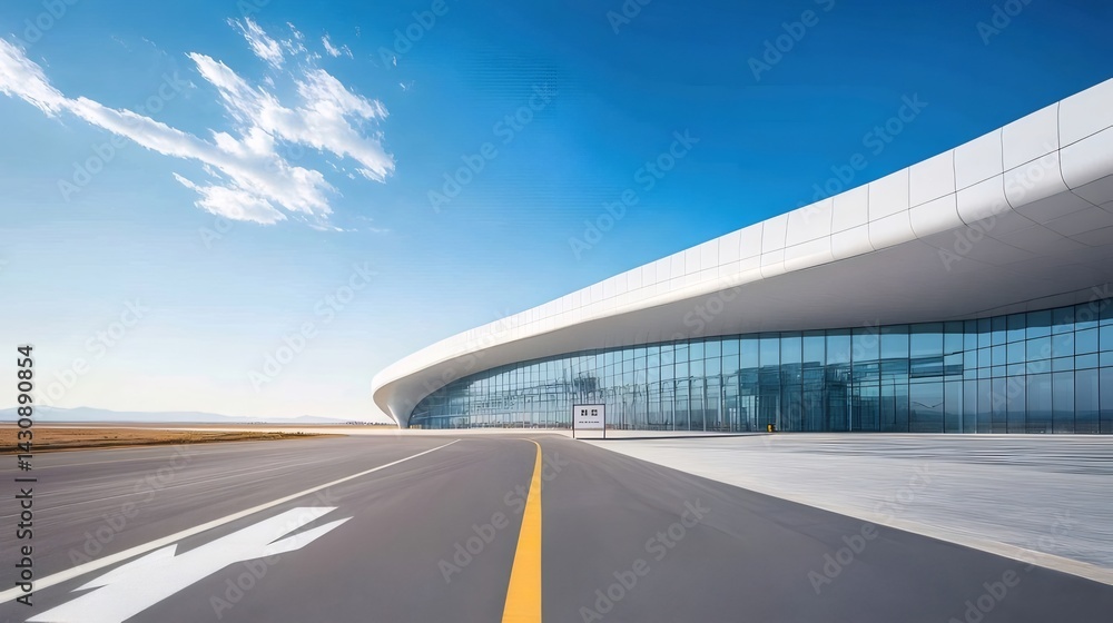Aufkleber 曲線の白い建物と黄色いセンターラインの道路 青い空の下の日中の風景