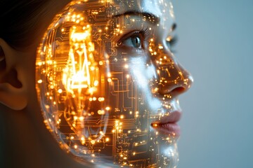 A woman's face is overlaid with a glowing circuit board, symbolizing technological integration with humanity.
