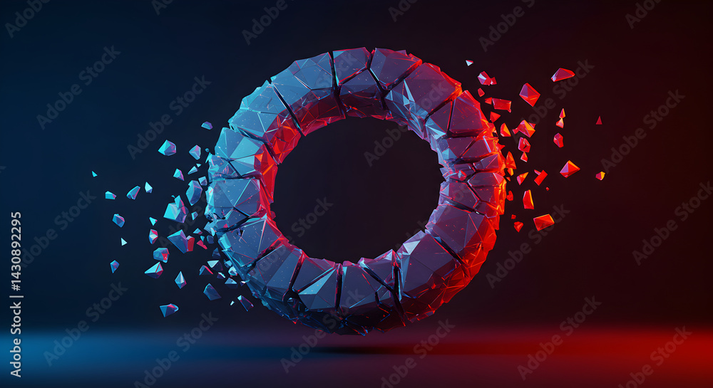 Poster abstract torus shattering with blue and red light 3d rendering