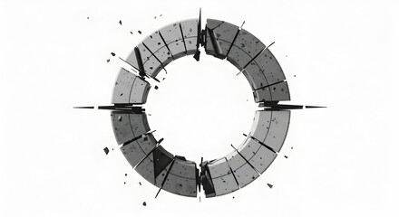 Naklejka premium Exploding Concrete Circle Destruction Design With Chaotic Flying Fragments