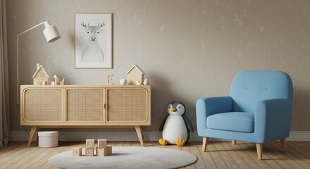 Serene Child's Room Interior Design Light Wood Furniture, Pastel Blue Armchair, and Playful Penguin Decor