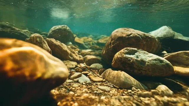 Underwater Riverbed Scene Sunlit Stones and Pebbles