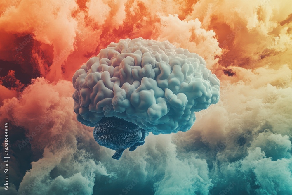 Poster creative representation of a brain floating in colorful clouds at dusk