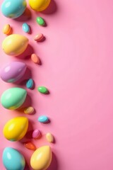 Colorful easter eggs and candies arranged on a pastel pink background, pastel, candies