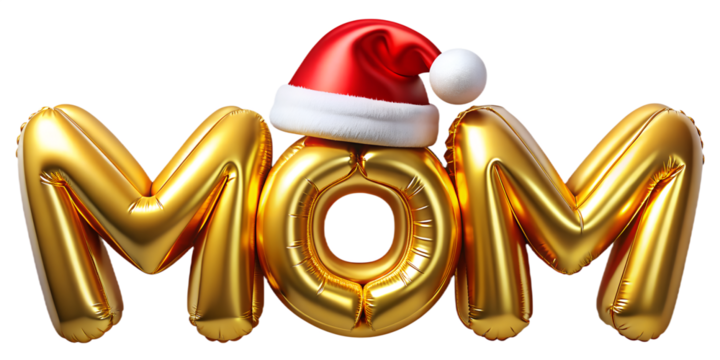 Gold Balloon Letters MOM with Santa Hat for Christmas. Mother's Day