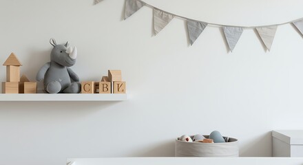 Adorable Nursery Decor  Neutral Tones, Wooden Blocks, and a Plush Rhino Toy