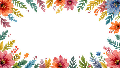 Fototapeta premium A vibrant and colorful floral frame featuring sunflowers, leaves, and various flowers, perfect for invitations, greeting cards, and spring-themed designs.