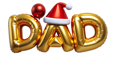 Gold Balloon Letters DAD with Santa Hat and Red Balloon for Christmas. Father's Day