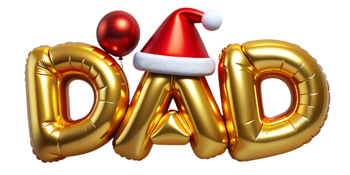 Gold Balloon Letters DAD with Santa Hat and Red Balloon for Christmas. Father's Day