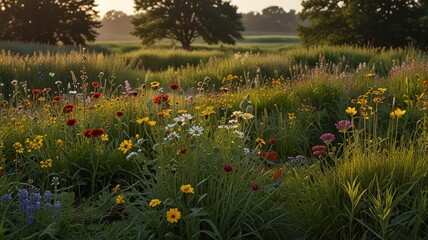 Colorful wildflowers field at sunrise.  Possible use Nature photography print, greeting card