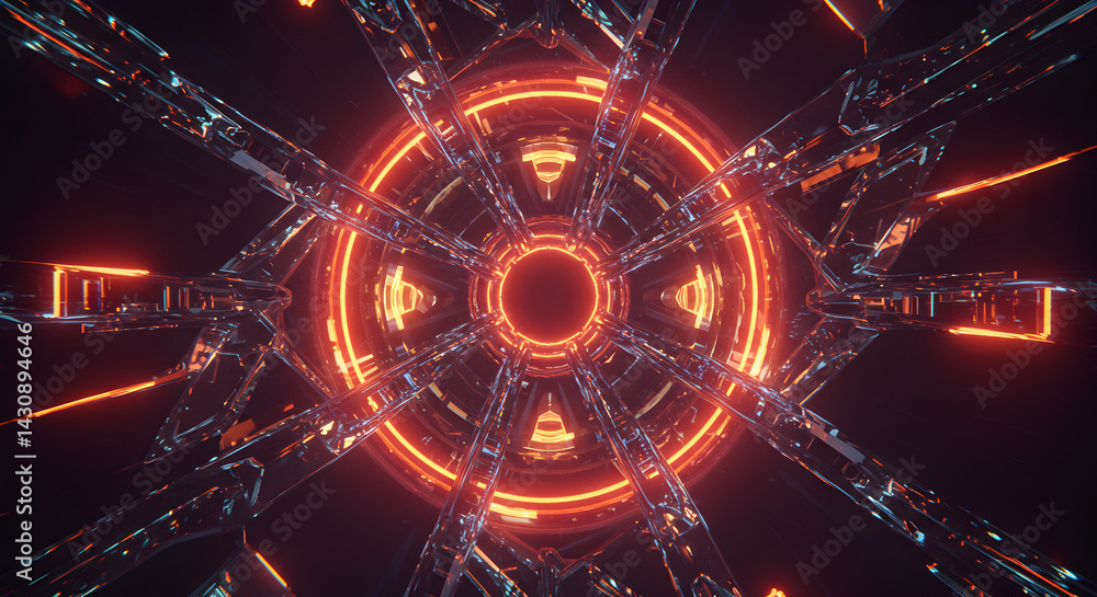 Poster illuminated tech structure with circular core in dark space abstract art