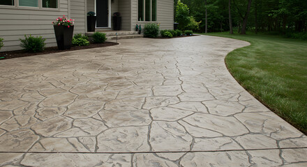 Stamped Concrete Driveway: Elegant Stone Texture and Landscaping