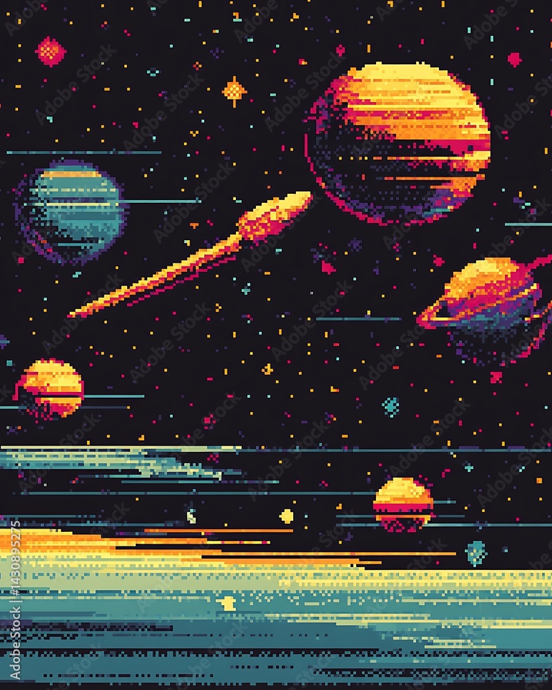 Poster pixel art universe displaying colorful planets stars and celestial elements