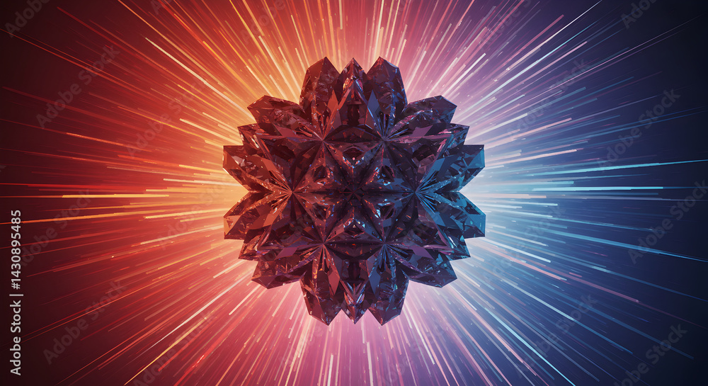 Poster geometric starburst with faceted sphere illuminating radial lines background
