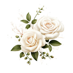 Two white roses with green leaves and small white flowers on a transparent background composition art png